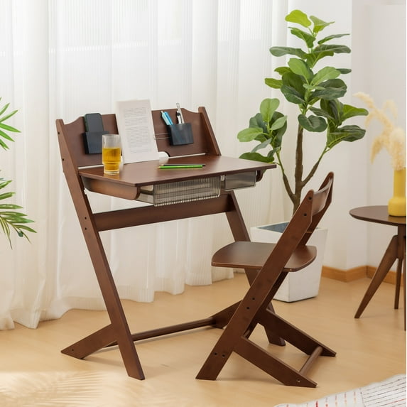 BALANBO Bamboo Adjustable Height Kids Desk and Chair Set,Reading Homework Drawing Table Computer Station Children School Study Desk Multi Function Desk,Writing Table w/Storage Drawer (Walnut Color)
