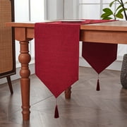 BALCONY & FALCON Faux Linen Table Runner with Tassels Waterproof Dresser Scarf for Dining Kitchen Farmhouse Mother's Day Gift Party Home 14 x 71 Ruby Red