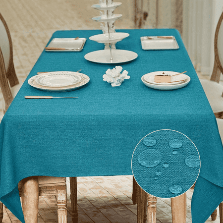 BALCONY & FALCON Rectangle Tablecloth Water Resistant Thick Faux Linen Table Cloth for Wedding, Lake Blue, 57" x 118"