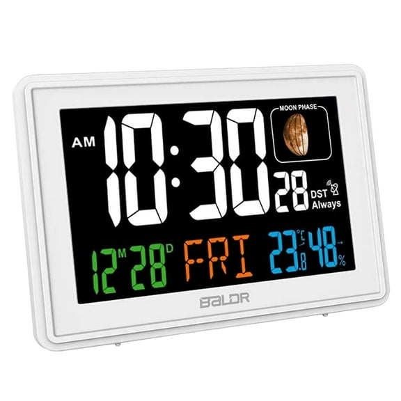 Baldr Atomic Alarm Clock with Large Color Display, Digital Desk Clock - White