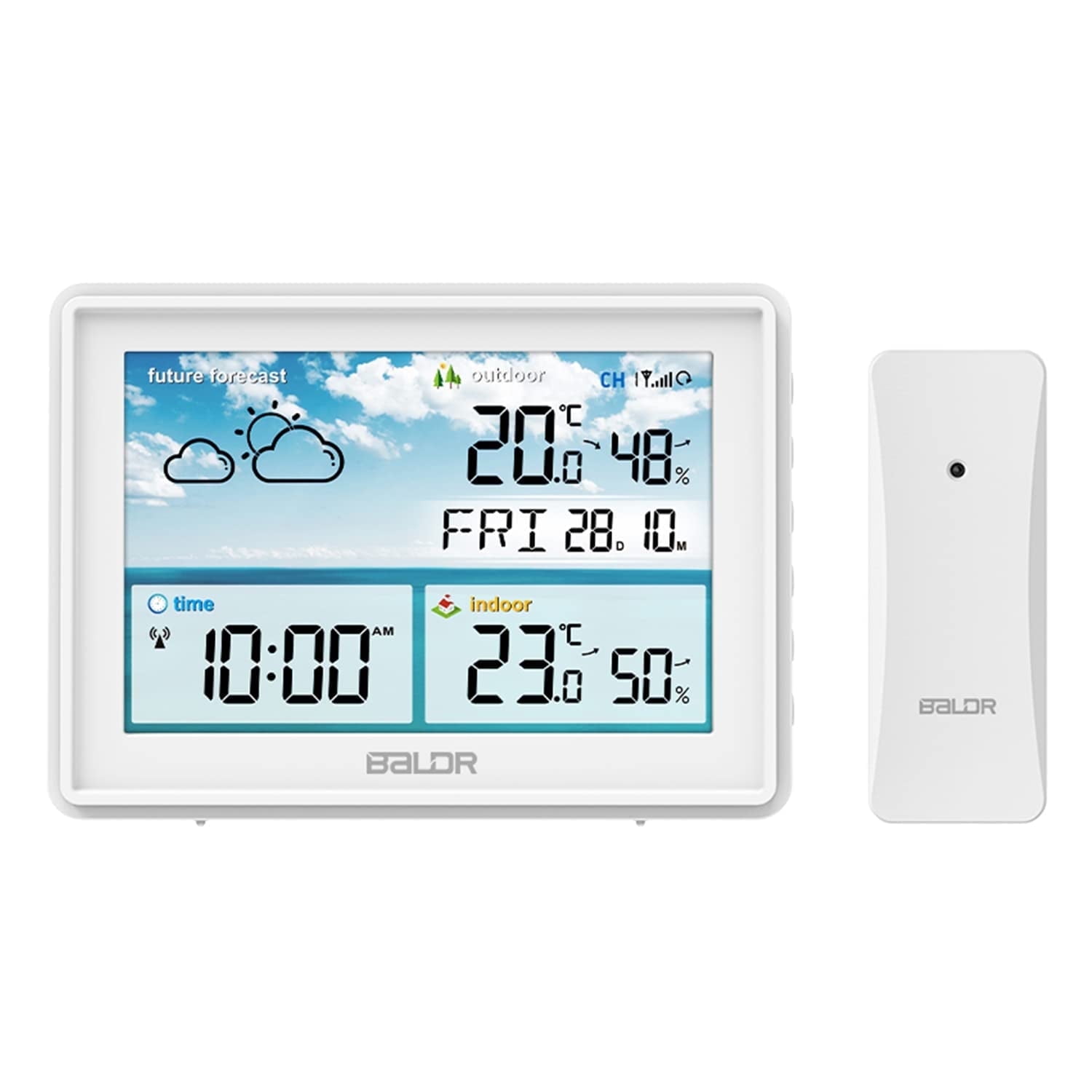 BALDR Home Weather Station & Indoor Outdoor Thermometer with Wireless Remote Sensor, Atomic Alarm Clock, Calendar, Humidity Monitor,& Weather Forecast & Digital Weather Station in LCD Display (White)
