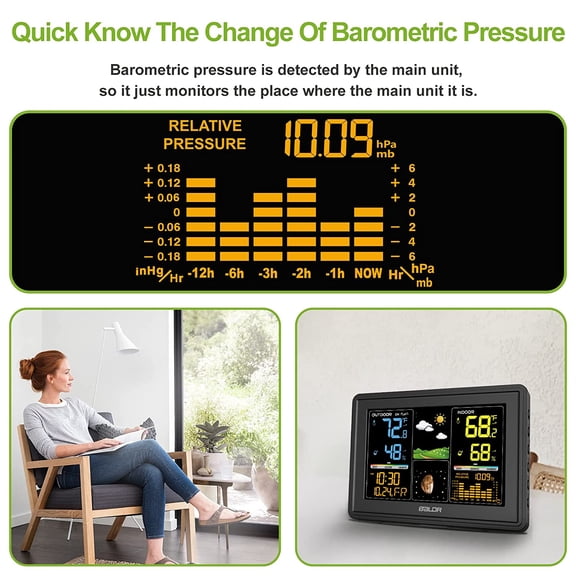 BALDR Weather Station Indoor Outdoor Thermometer Digital Color LCD Moon Phase Barometric Pressure Temperature Humidity Monitor
