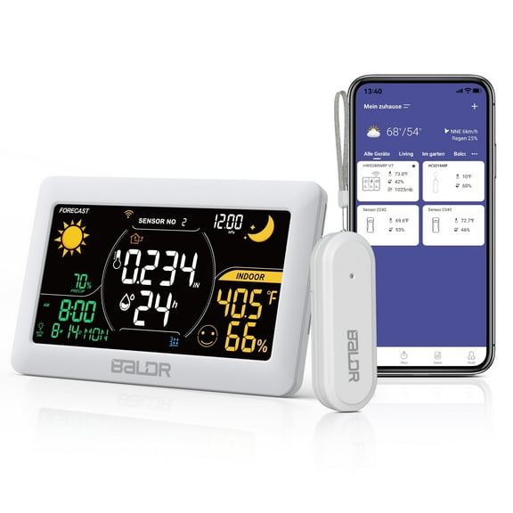 Baldr WiFi Weather Station with Smart Wireless Thermometer, Remote Sensor, Real-Time Forecast, Clear LCD Display