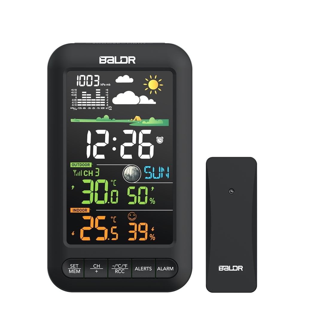 BALDR Wireless Weather Station with Large Clear Display, Indoor Outdoor Thermometer, Remote Sensor, Atomic Clock, Black