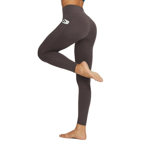 BALEAF 7/8 Workout Leggings with Pockets for Women Yoga Pants Tummy Control High Waisted Plus Size Petite Soft Strentch Gym Athletic Running Seal Brown M