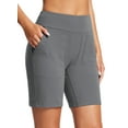 thumbnail image 1 of BALEAF 8" Bermuda Long Shorts for Women Cotton Athletic Sweat Tummy Control Casual Lounge Summer Gray L, 1 of 7