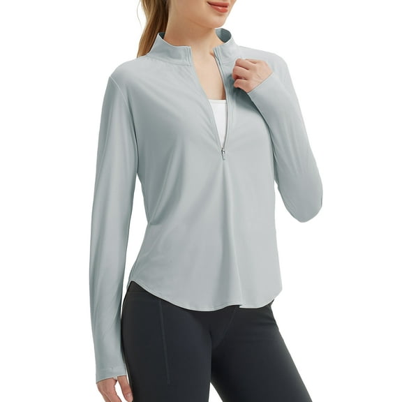 BALEAF Athletic Tops for Women UPF50  Half 1/4 Zip Sun Shirt Rash Guard Long Sleeve Lightweight Clothing UV Protection Running Light Gray 3XL