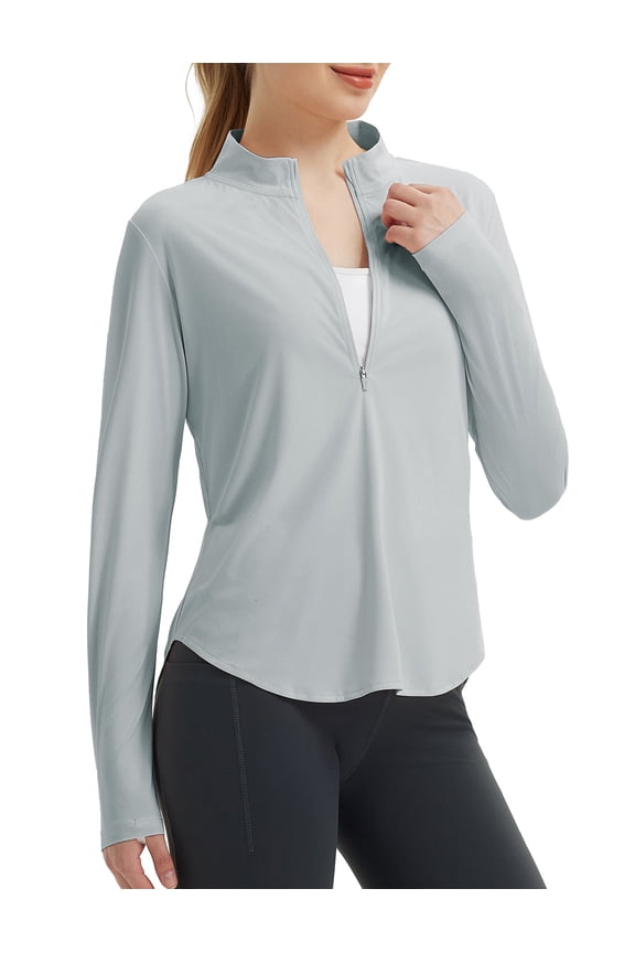 Athletic Tops for Women UPF50+ Half 1/4 Zip Sun Shirt Rash Guard Long Sleeve Lightweight Clothing UV Protection Running Light Gray S