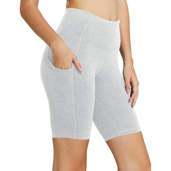 BALEAF Biker Shorts Women Yoga Gym Workout Spandex Athletic Running Volleyball Tummy Control Compression with Pockets 8" Light Grey S