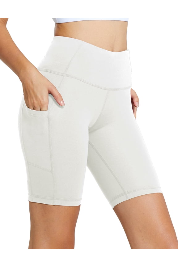 Biker Shorts Women Yoga Gym Workout Spandex Athletic Running Volleyball Tummy Control Compression with Pockets 8" White XL