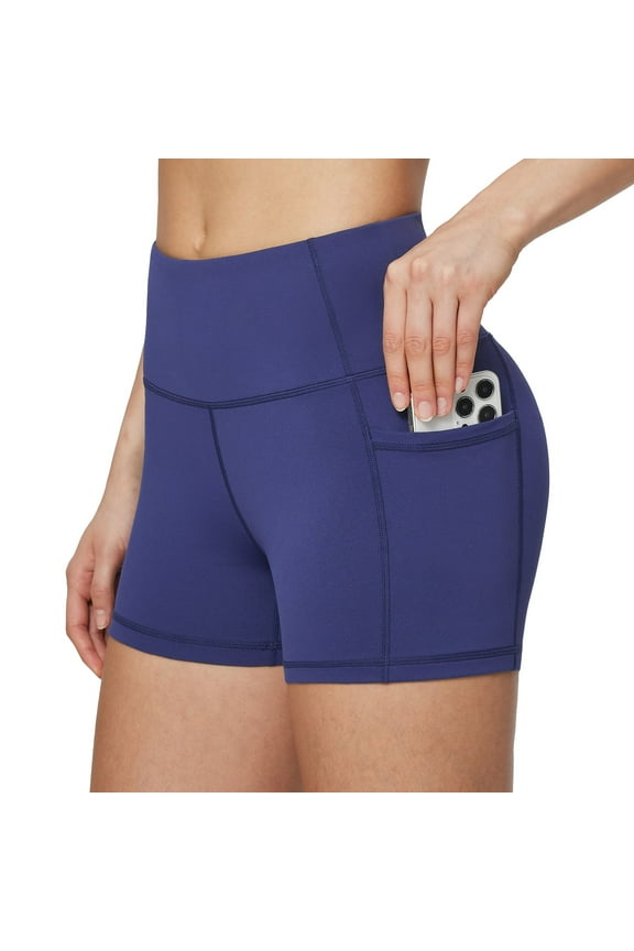 Biker Shorts Women Yoga Gym Workout Spandex Running Volleyball Tummy Control Compression with Pockets 3" Navy Blue M