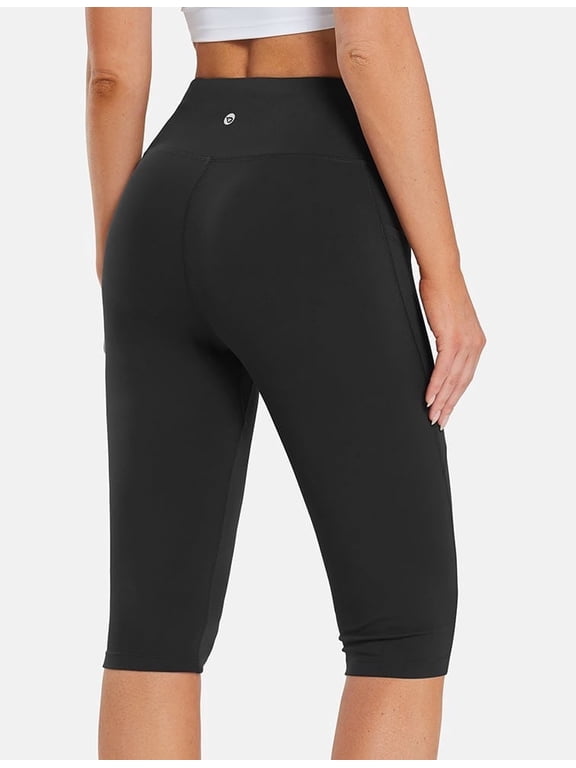 Capri Leggings for Women Knee Length High Waisted Plus Size Yoga Casual Workout Exercise Capris with Pockets Black L