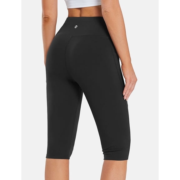 BALEAF Capri Leggings for Women Knee Length High Waisted Plus Size Yoga Casual Workout Exercise Capris with Pockets Black L