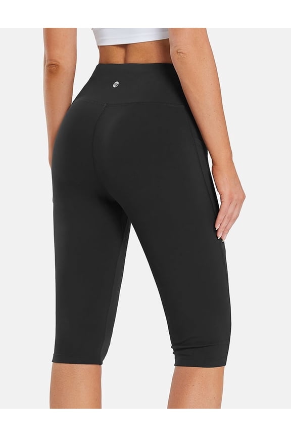 Capri Leggings for Women Knee Length High Waisted Plus Size Yoga Casual Workout Exercise Capris with Pockets Black L