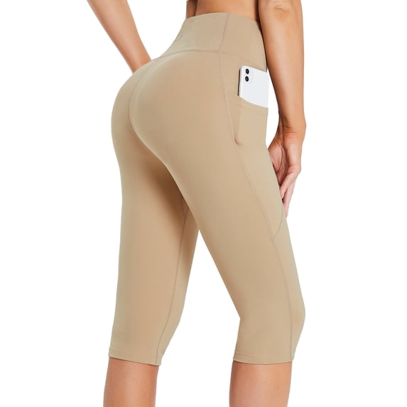 BALEAF Capri Leggings for Women with Pockets Knee Length Capris Pants Tummy Control Yoga Workout Exercise Casual Beige XXL