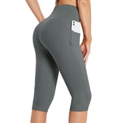 BALEAF Capri Leggings for Women with Pockets Knee Length Capris Pants Tummy Control Yoga Workout Exercise Casual Gray L