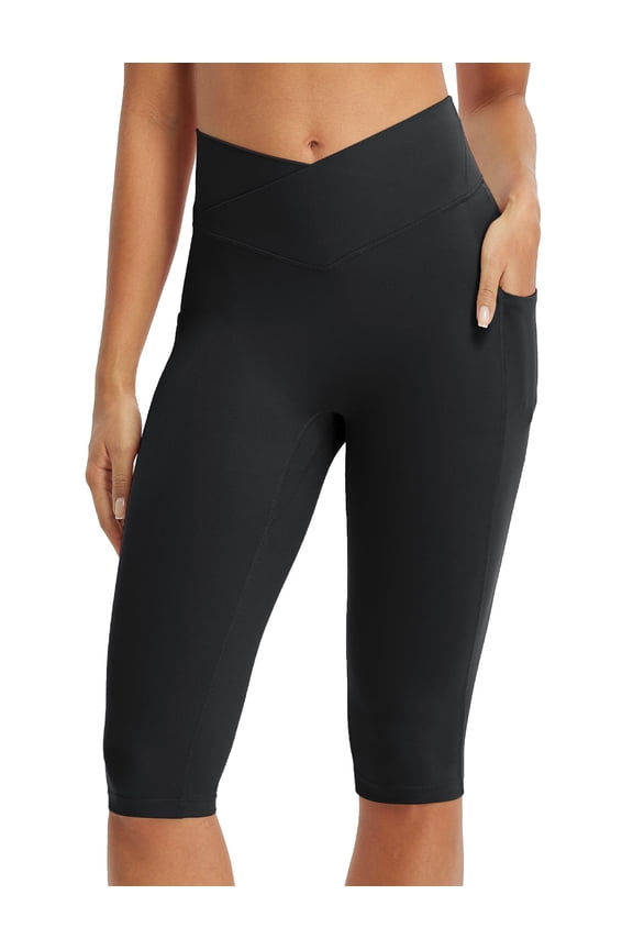 Capri Leggings for Women with Pockets Knee Length Workout Yoga Capris Pants Tummy Control Casual Exercise Black L