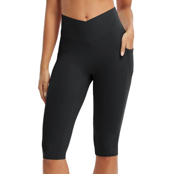 BALEAF Capri Leggings for Women with Pockets Knee Length Workout Yoga Capris Pants Tummy Control Casual Exercise Black L