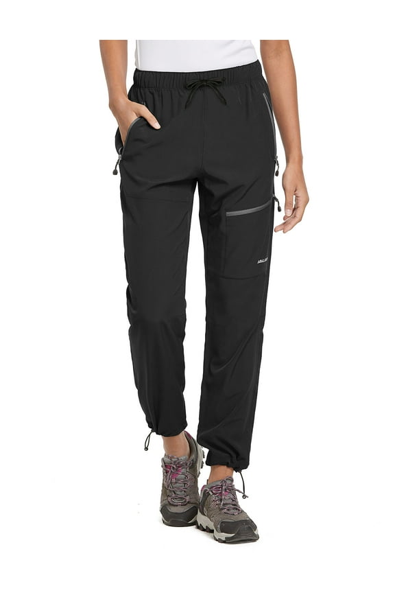 Cargo Pants For Women Quick Dry Water Resistant With 4 Zip-Closure Pockets Elastic Waist Black Size L