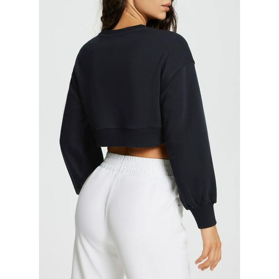 BALEAF Cropped Sweatshirts For Women Crew Neck Long Sleeve Crop Top Workout Athletic Pullover Black S