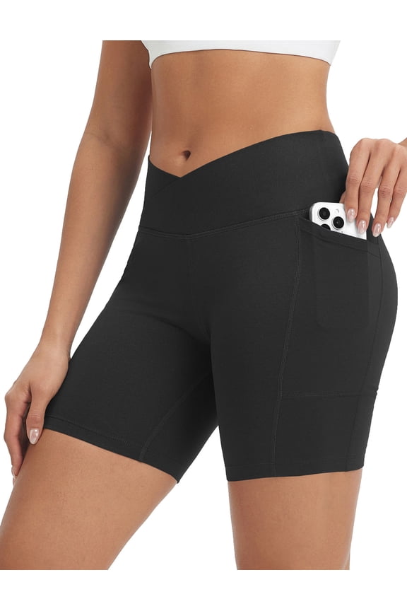 Crossover Biker Shorts Women 6" High Waisted Yoga Shorts with Pockets Bike Workout Spandex Compression Black M