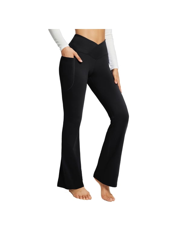 Flare Leggings for Women Bootcut Yoga Pants Crossover High Waist Workout Casual Flare Pants with Pockets Black 32" M