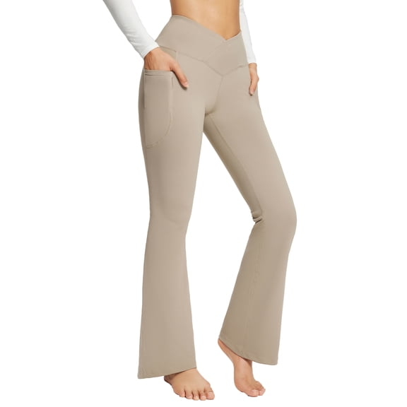 BALEAF Flare Leggings for Women Bootcut Yoga Pants Crossover High Waist Workout Casual Flare Pants with Pockets Beige 32" L