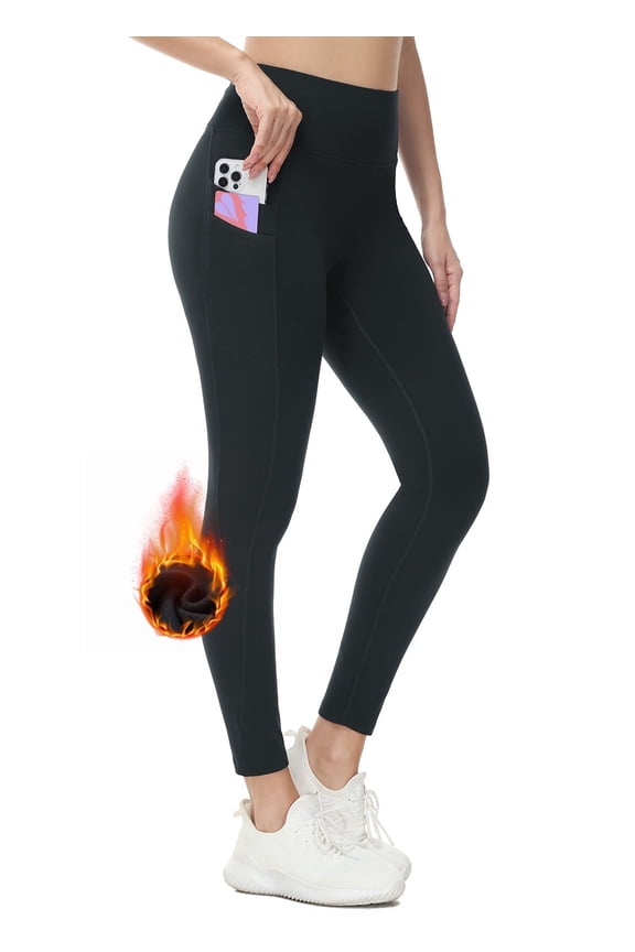 Fleece Lined Leggings Women Water Resistant 25" Petite Winter Warm Legging Thermal Running Tights Yoga Hiking Pants Black XS