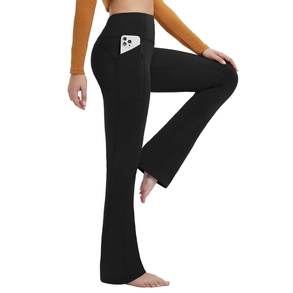 BALEAF Fleece Lined Leggings for Women Mini Flare Warm Yoga Pants Stretchy High Waisted with 4 Pockets Workout Casual Pants Black L
