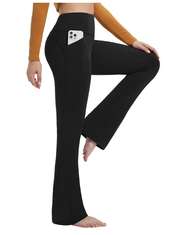 Fleece Lined Leggings for Women Mini Flare Warm Yoga Pants Stretchy High Waisted with 4 Pockets Workout Casual Pants Black M