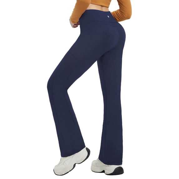 BALEAF Fleece Lined Leggings for Women Mini Flare Warm Yoga Pants Stretchy High Waisted with 4 Pockets Workout Casual Pants Navy Blue XL