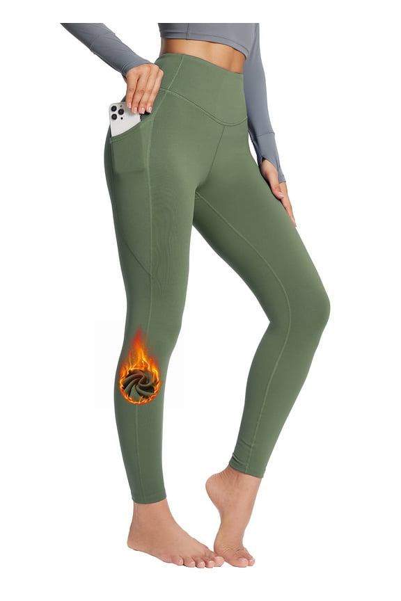 Fleece Lined Leggings for Women Winter Warm Petite High Waisted Thermal Thick Yoga Pants with Pockets Green S