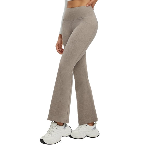 BALEAF Fleece Lined Pants Women Flare Leggings Thermal Warm High Waist Winter Yoga Pants with Pockets Heather Beige XL