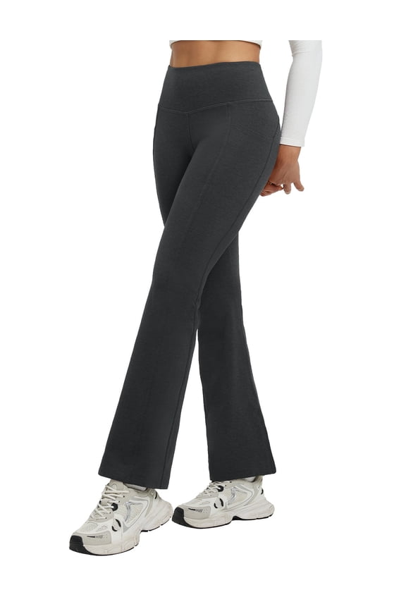 Fleece Lined Pants Women Flare Leggings Thermal Warm High Waist Winter Yoga Pants with Pockets Heather Black L