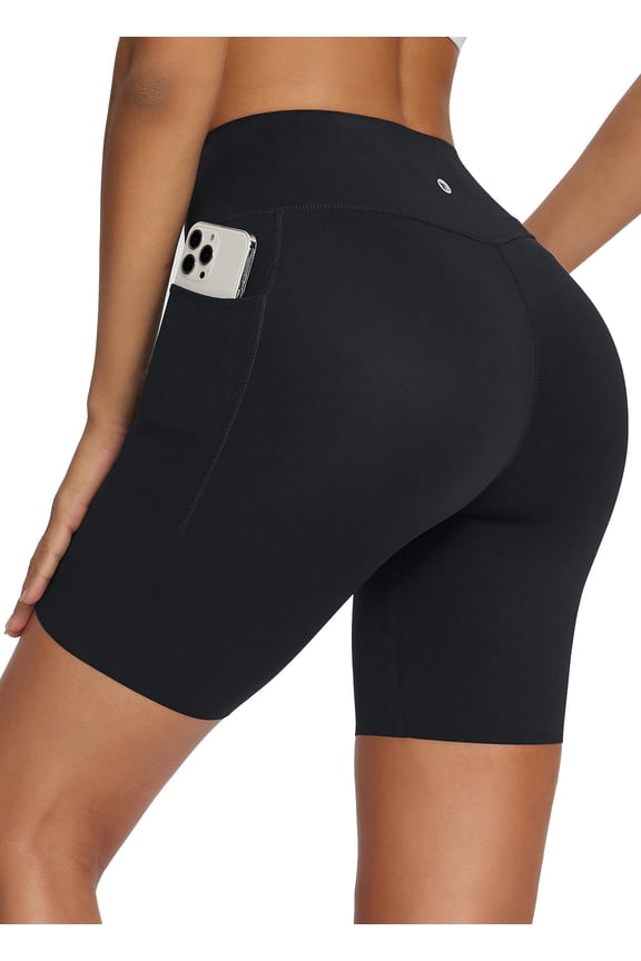 Freeleaf Women's 8" High Waist Biker Shorts with Pockets Yoga Running Volleyball Workout Gym Shorts for Summer Spandex Black L-2XL