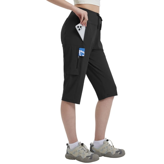 BALEAF Hiking Shorts for Women 15'' Knee Length Long Quick Dry Cargo Capri Pants Bermuda Stretchy Lightweight Black XL