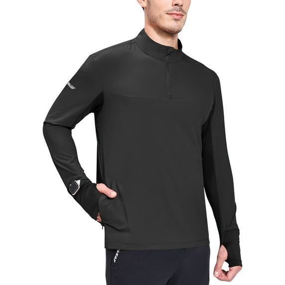 BALEAF Men's Long Sleeve Running Shirts Quick Dry Pullover with Quarter-Zip Pocket Black XL