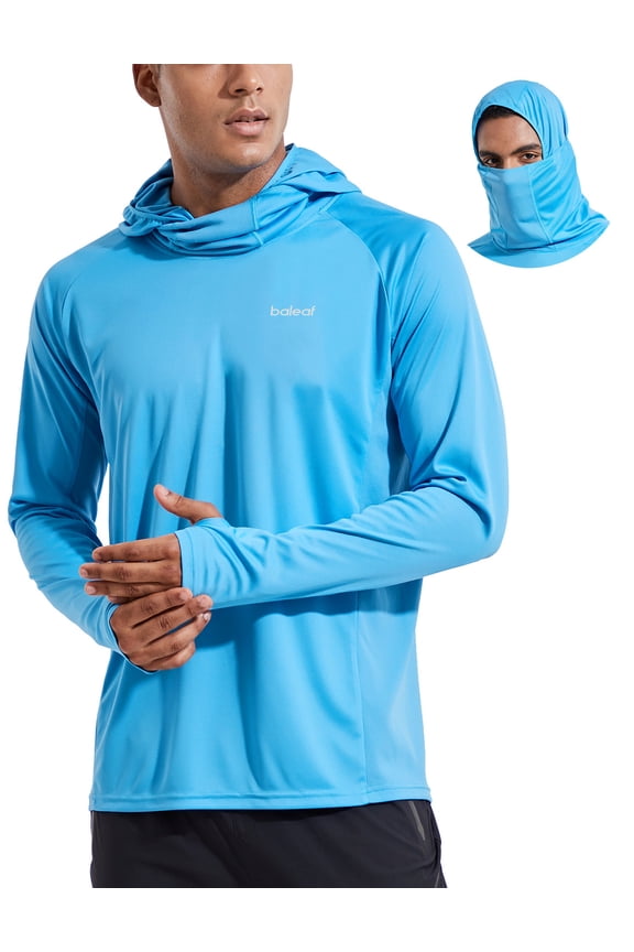 Men's Sun Protection Hoodie Shirt UPF 50+ Long Sleeve UV SPF T-Shirts with Mask Rash Guard Fishing Lightweight Blue Size L