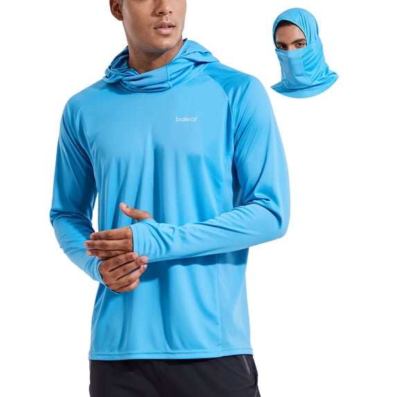 BALEAF Men's Sun Protection Hoodie Shirt UPF 50+ Long Sleeve UV SPF T-Shirts with Mask Rash Guard Fishing Lightweight Blue Size XS