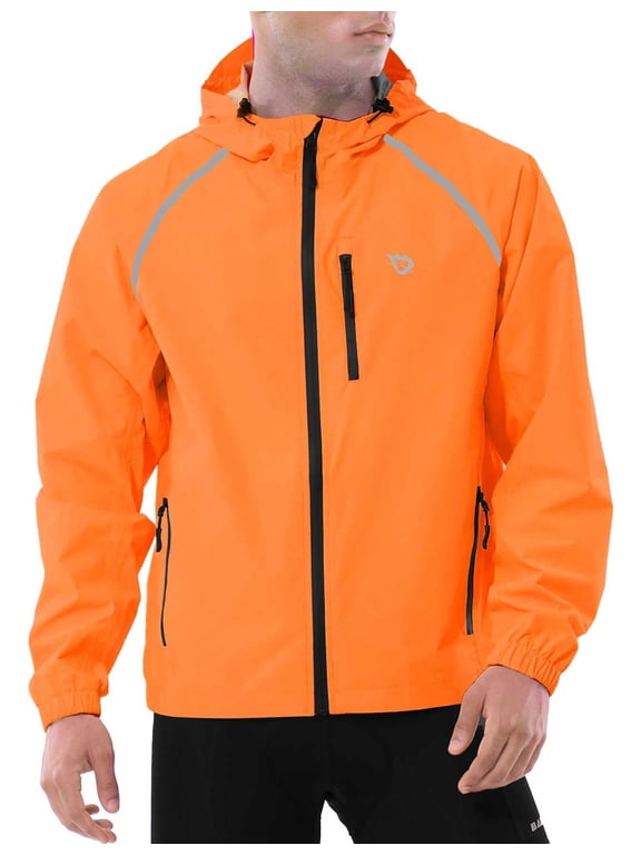 Mens Rain Jacket Waterproof Raincoat Windbreaker Gear Running Cycling Golf Coats Hood Lightweight Reflective Orange XL