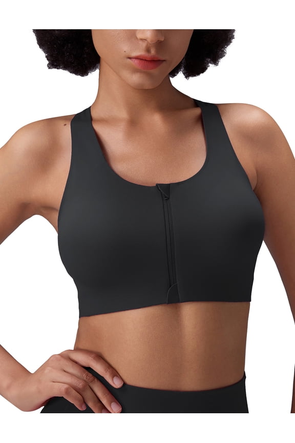 Sweatleaf Zipper Front Closure Sports Bras for Women Racerback Longline High Support Yoga Workout Running Athletic Padded Tops Black M