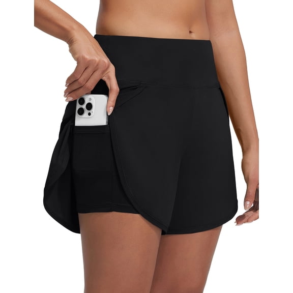 BALEAF Swim Shorts Women High Waisted Board Shorts Tummy Control Beach Shorts Quick Dry Swim Bottoms with Pockets UPF 50  Black L