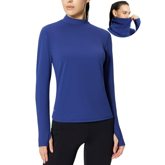 BALEAF Thermal Long Sleeve Shirts for Women Turtleneck Base Layer Top Warm Fleece Winter Clothes Cold Weather Gear with Neck Gaiter Blue L