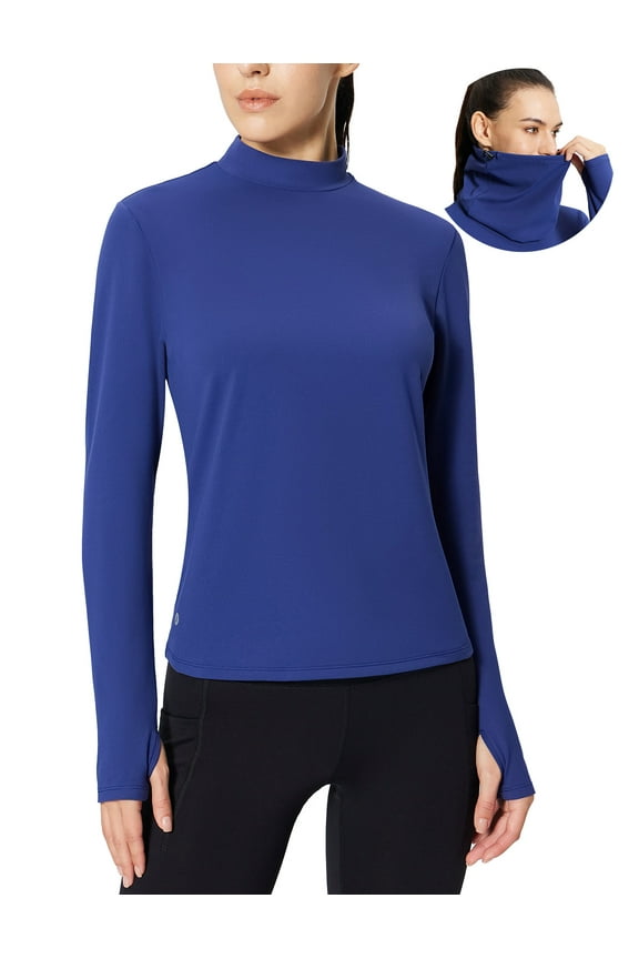 Thermal Long Sleeve Shirts for Women Turtleneck Base Layer Top Warm Fleece Winter Clothes Cold Weather Gear with Neck Gaiter Blue L