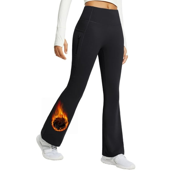 BALEAF Womans Fleece Lined Pants Winter Thermal Warm Yoga Pants Flare Leggings Waterproof Warm Bell Bottom Leggings with Pockets 29'' Black L