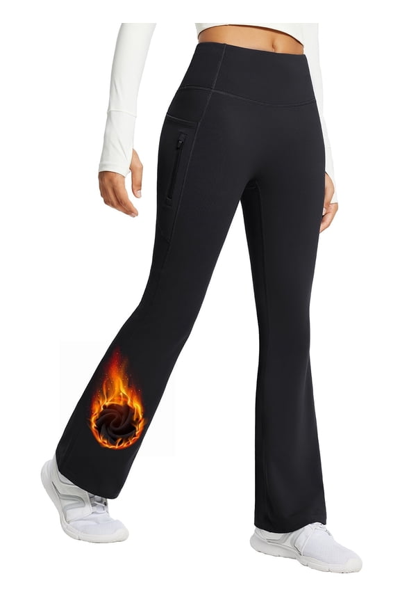 Womans Fleece Lined Pants Winter Thermal Warm Yoga Pants Flare Leggings Waterproof Warm Bell Bottom Leggings with Pockets 29'' Black L