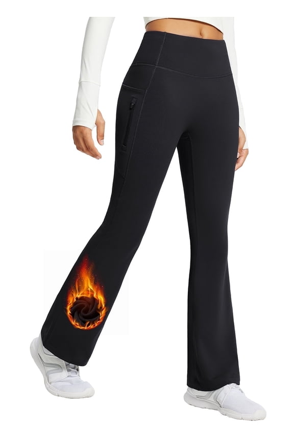 Womans Fleece Lined Pants Winter Thermal Warm Yoga Pants Flare Leggings Waterproof Warm Bell Bottom Leggings with Pockets 29'' Black M