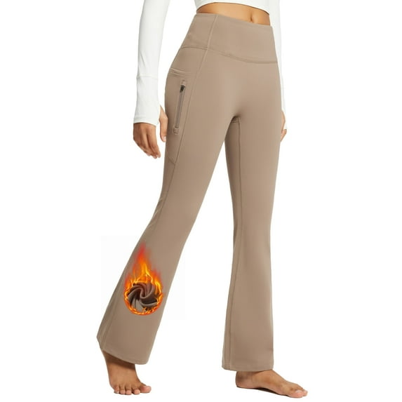 BALEAF Womans Fleece Lined Pants Winter Thermal Warm Yoga Pants Flare Leggings Waterproof Warm Bell Bottom Leggings with Pockets 29'' Cocoa Creme L