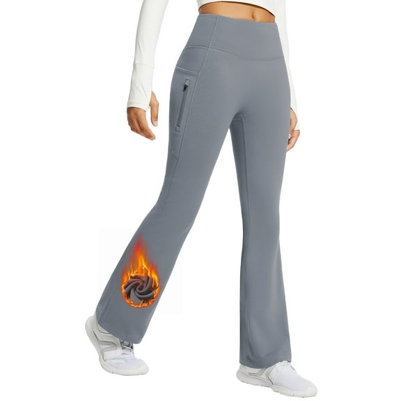 BALEAF Womans Fleece Lined Pants Winter Thermal Warm Yoga Pants Flare Leggings Waterproof Warm Bell Bottom Leggings with Pockets 29'' Grey M