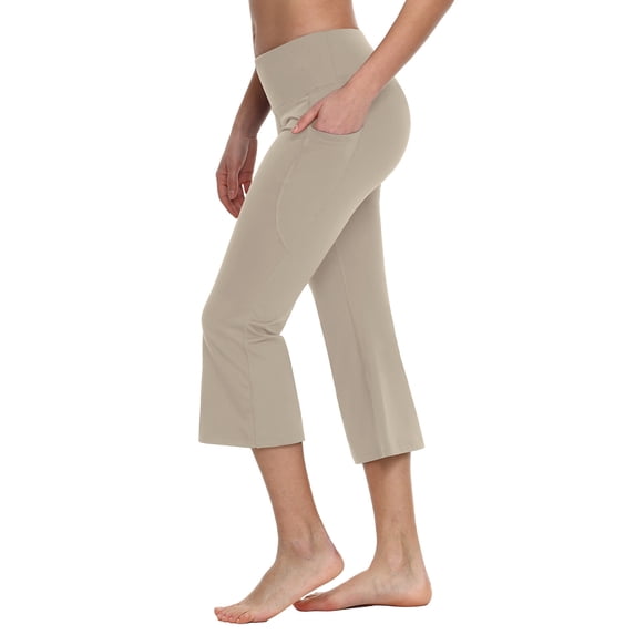 BALEAF Women Flare Capri Leggings with Pockets Yoga Pants Bootcut Casual Cotton Work Summer Lounge 21" Beige L